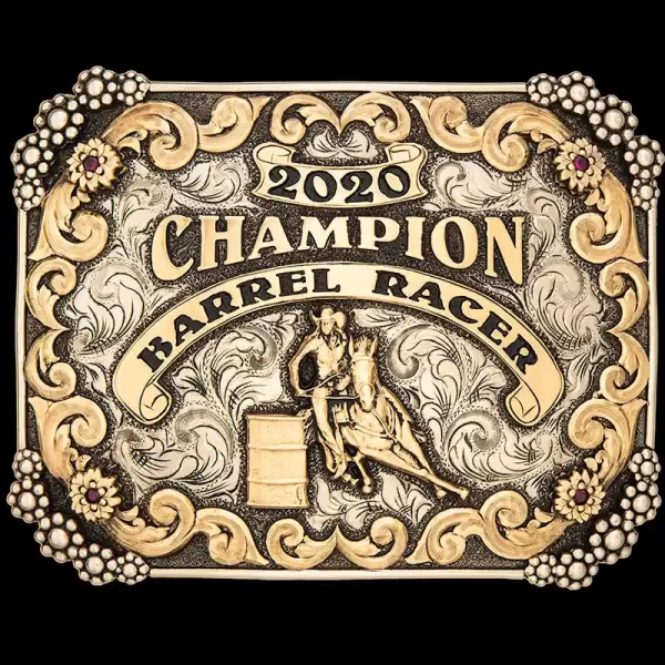 The Brentwood Custom Belt Buckle features our beautiful graduated 4 Berry Corner with jeweler's bronze flowers, scrolls, and figure. Customize this buckle now!